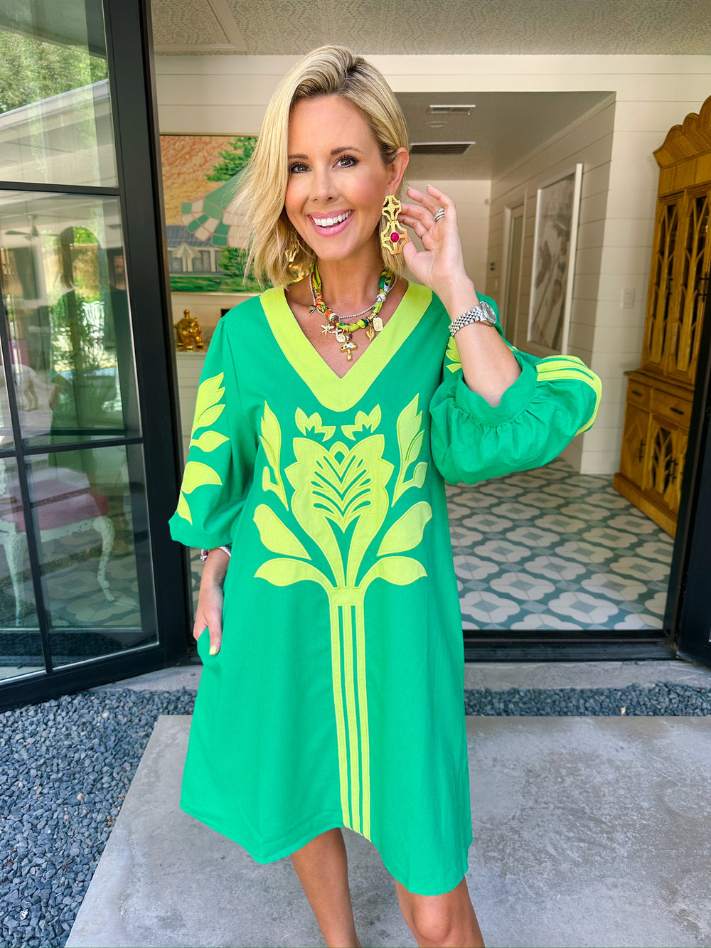 BE YOURSELF APPLIQUE PUFF SLEEVE DRESS - GREEN