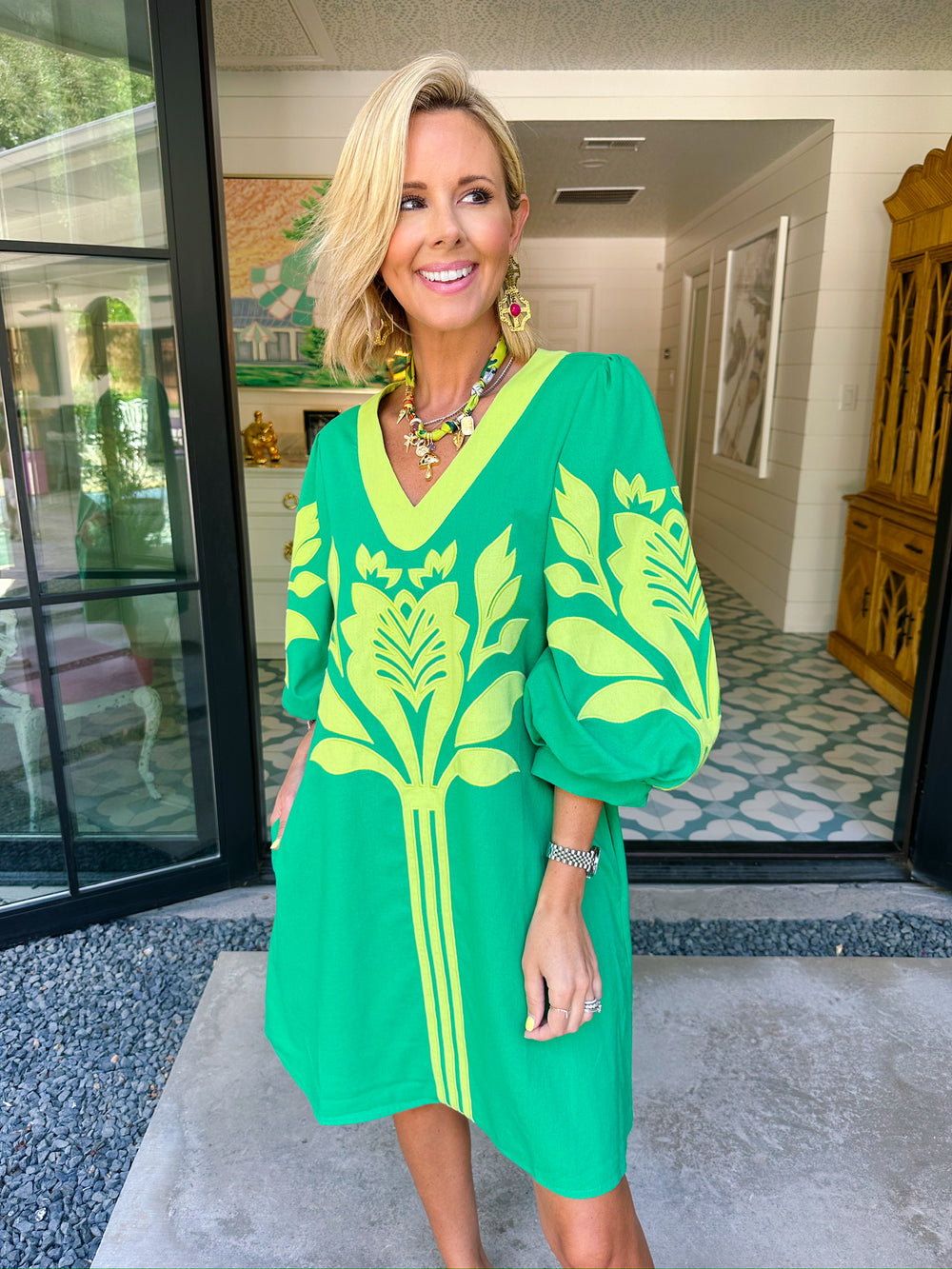 BE YOURSELF APPLIQUE PUFF SLEEVE DRESS - GREEN