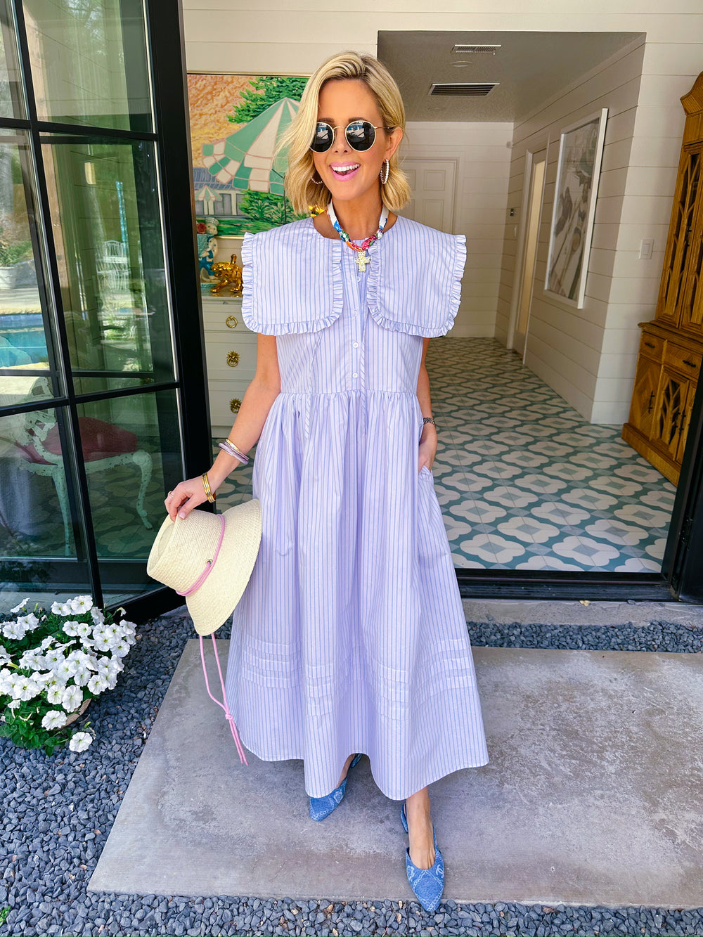MORGAN STRIPE COLLAR MIDI DRESS - LAVENDER