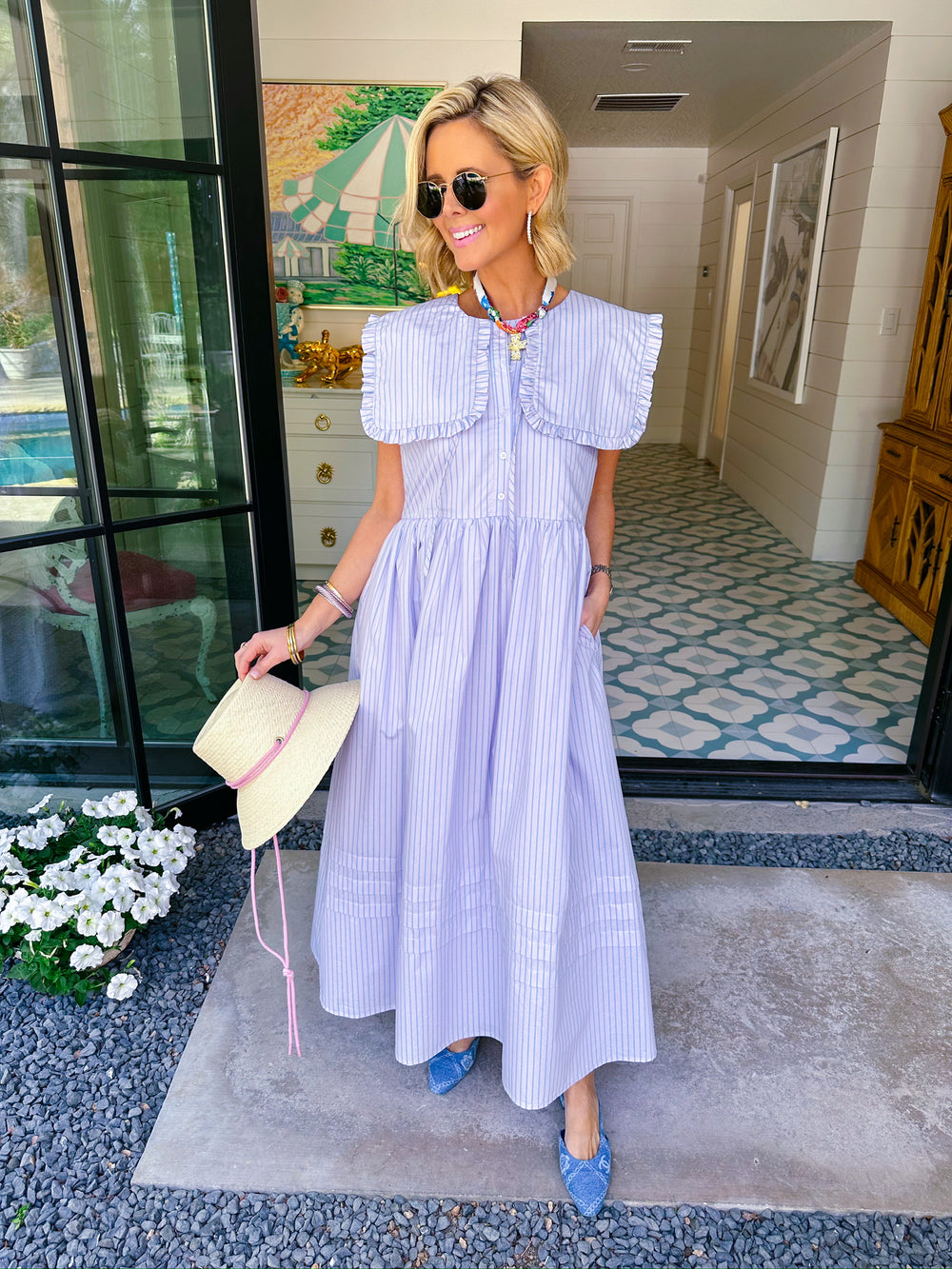 MORGAN STRIPE COLLAR MIDI DRESS - LAVENDER