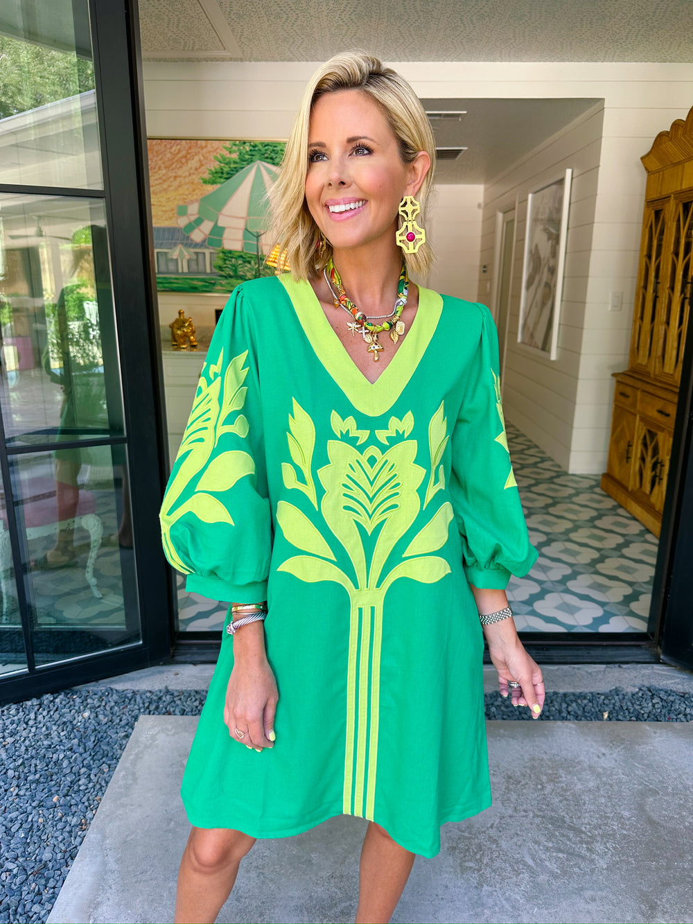 BE YOURSELF APPLIQUE PUFF SLEEVE DRESS - GREEN