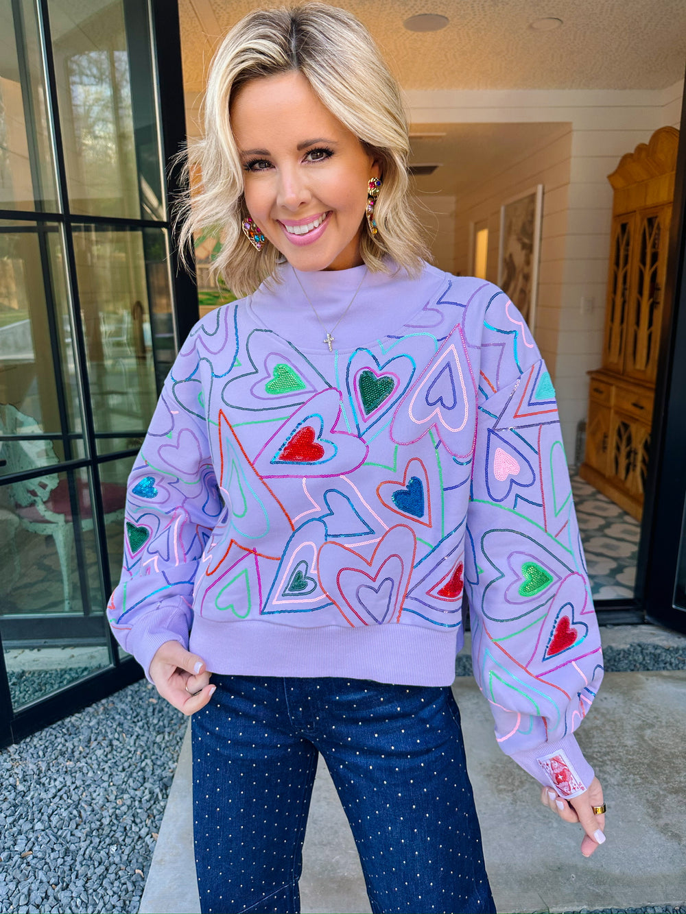 GROOVY HEARTS MOCK NECK SWEATSHIRT - LAVENDER