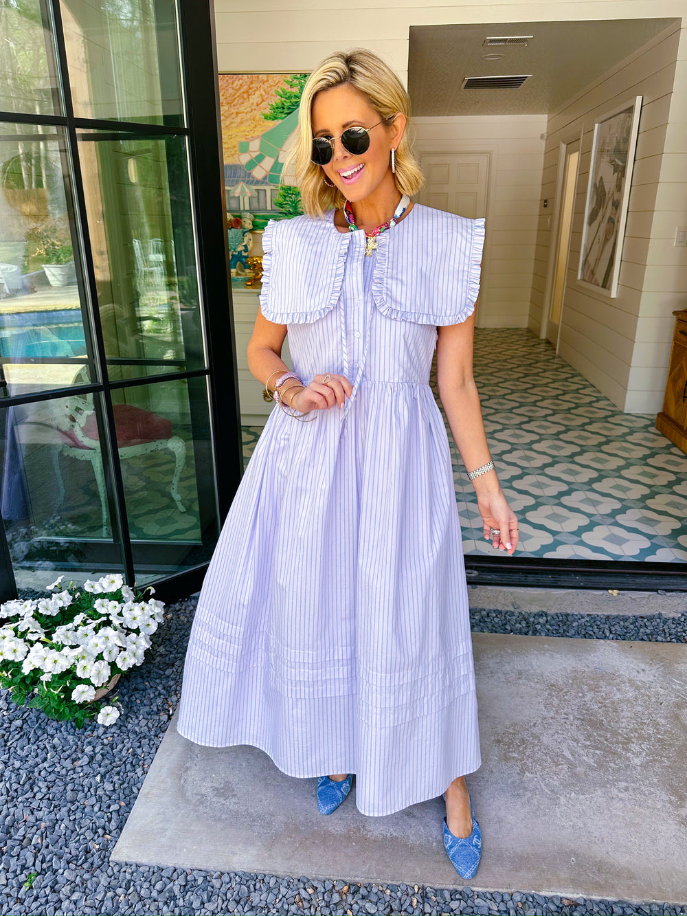 MORGAN STRIPE COLLAR MIDI DRESS - LAVENDER