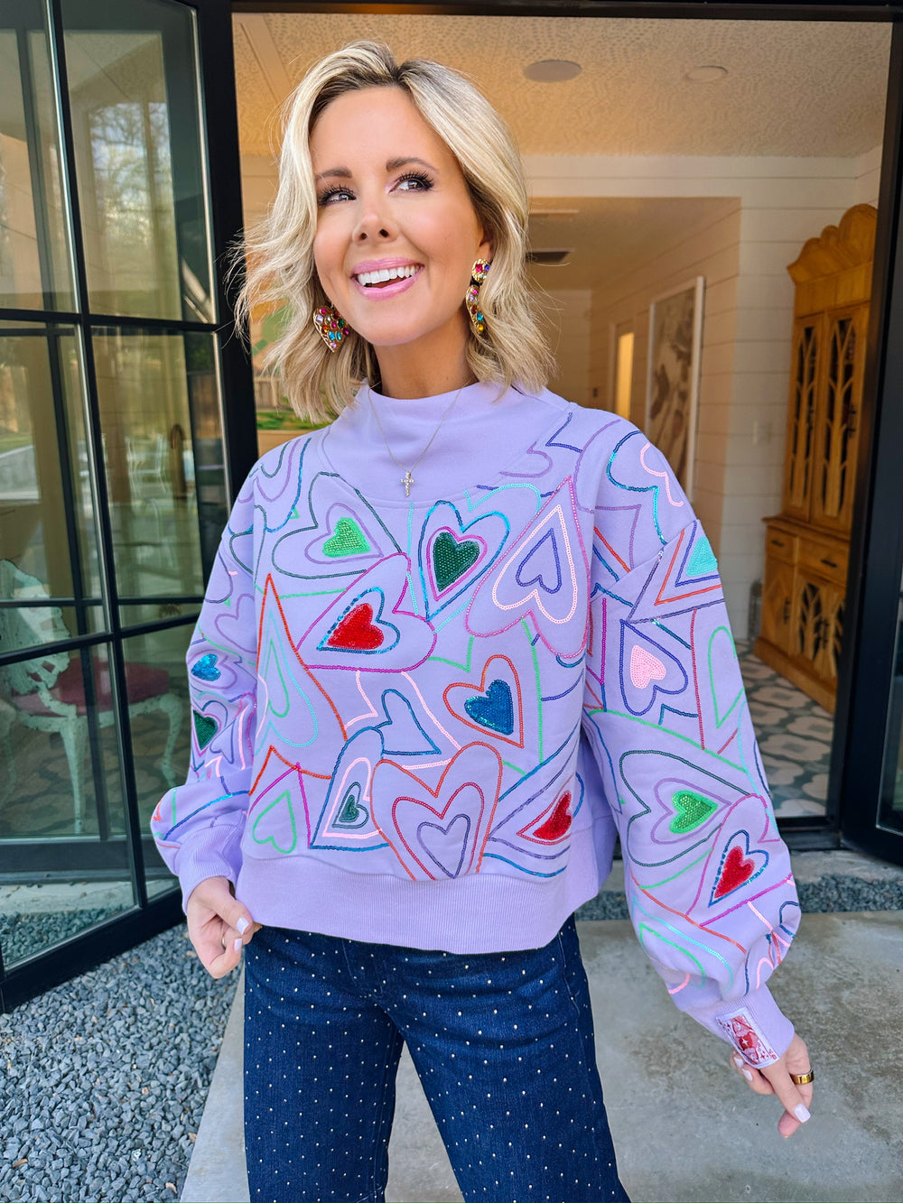 GROOVY HEARTS MOCK NECK SWEATSHIRT - LAVENDER