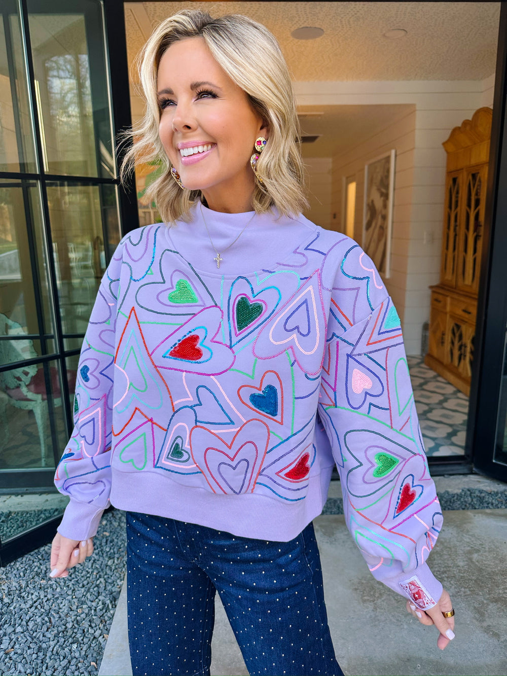 GROOVY HEARTS MOCK NECK SWEATSHIRT - LAVENDER