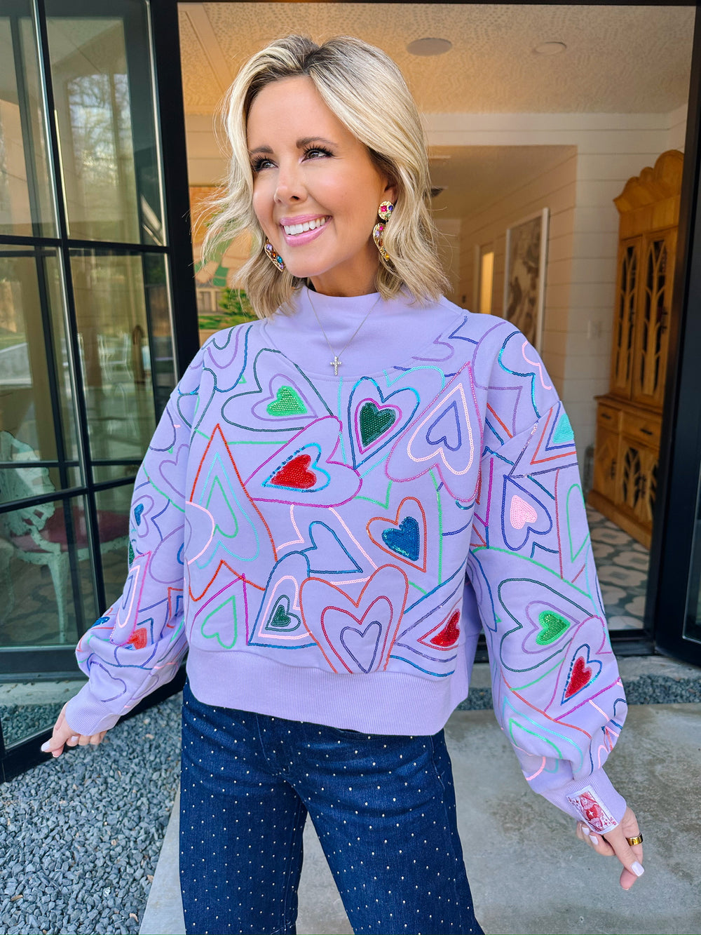 GROOVY HEARTS MOCK NECK SWEATSHIRT - LAVENDER