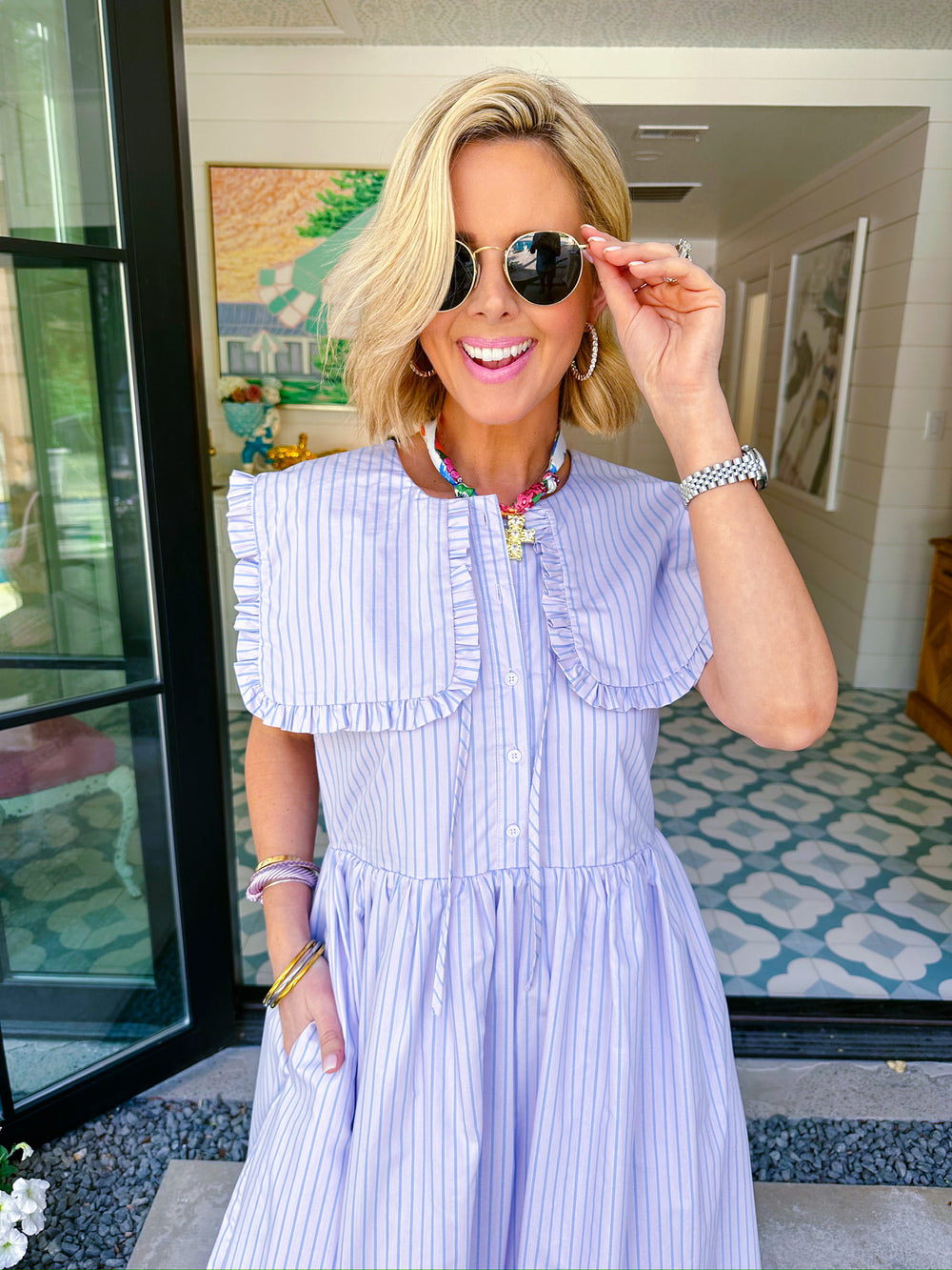 MORGAN STRIPE COLLAR MIDI DRESS - LAVENDER