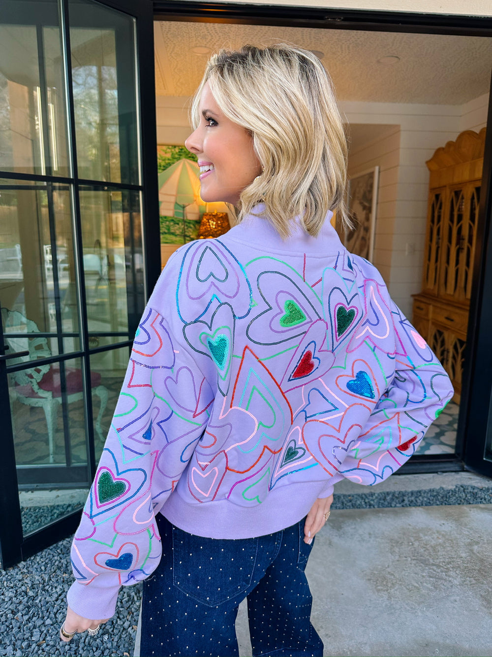 GROOVY HEARTS MOCK NECK SWEATSHIRT - LAVENDER