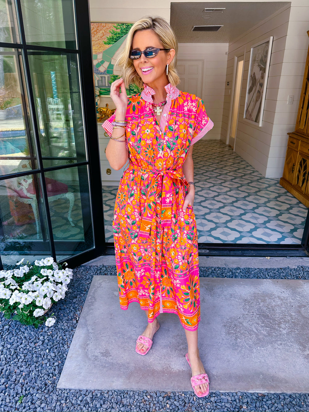 FIELDS OF JOY STRIPE TRIM MIDI DRESS - PINK/ORANGE