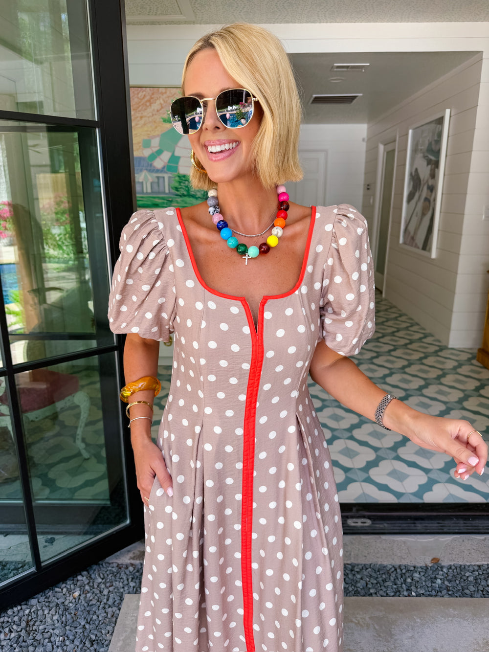 CAMPBELL POLKA DOT PUFF SLEEVE MIDI DRESS