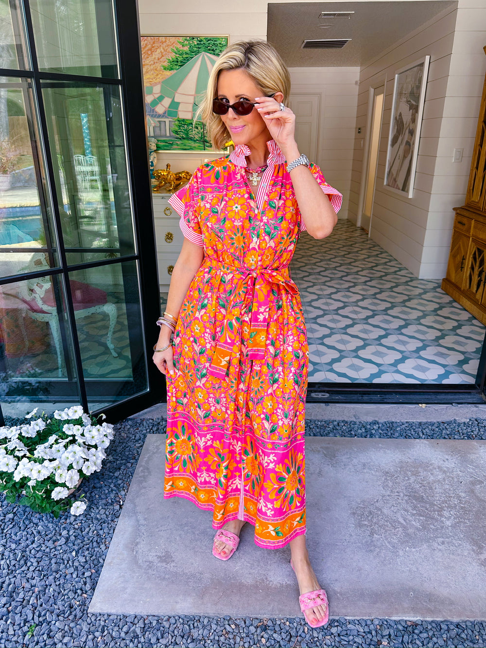 FIELDS OF JOY STRIPE TRIM MIDI DRESS - PINK/ORANGE