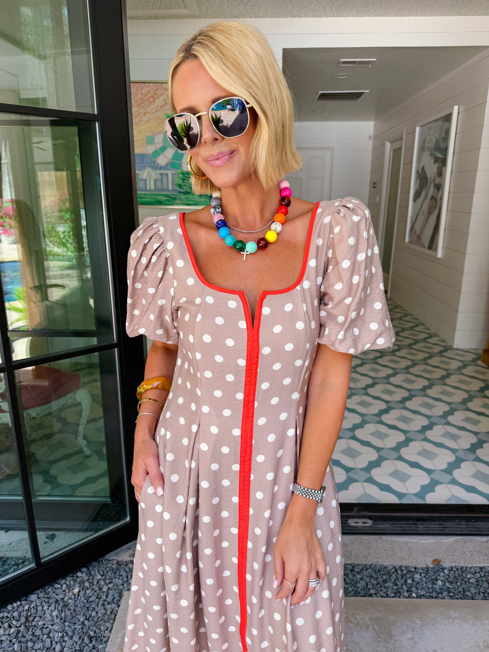 CAMPBELL POLKA DOT PUFF SLEEVE MIDI DRESS
