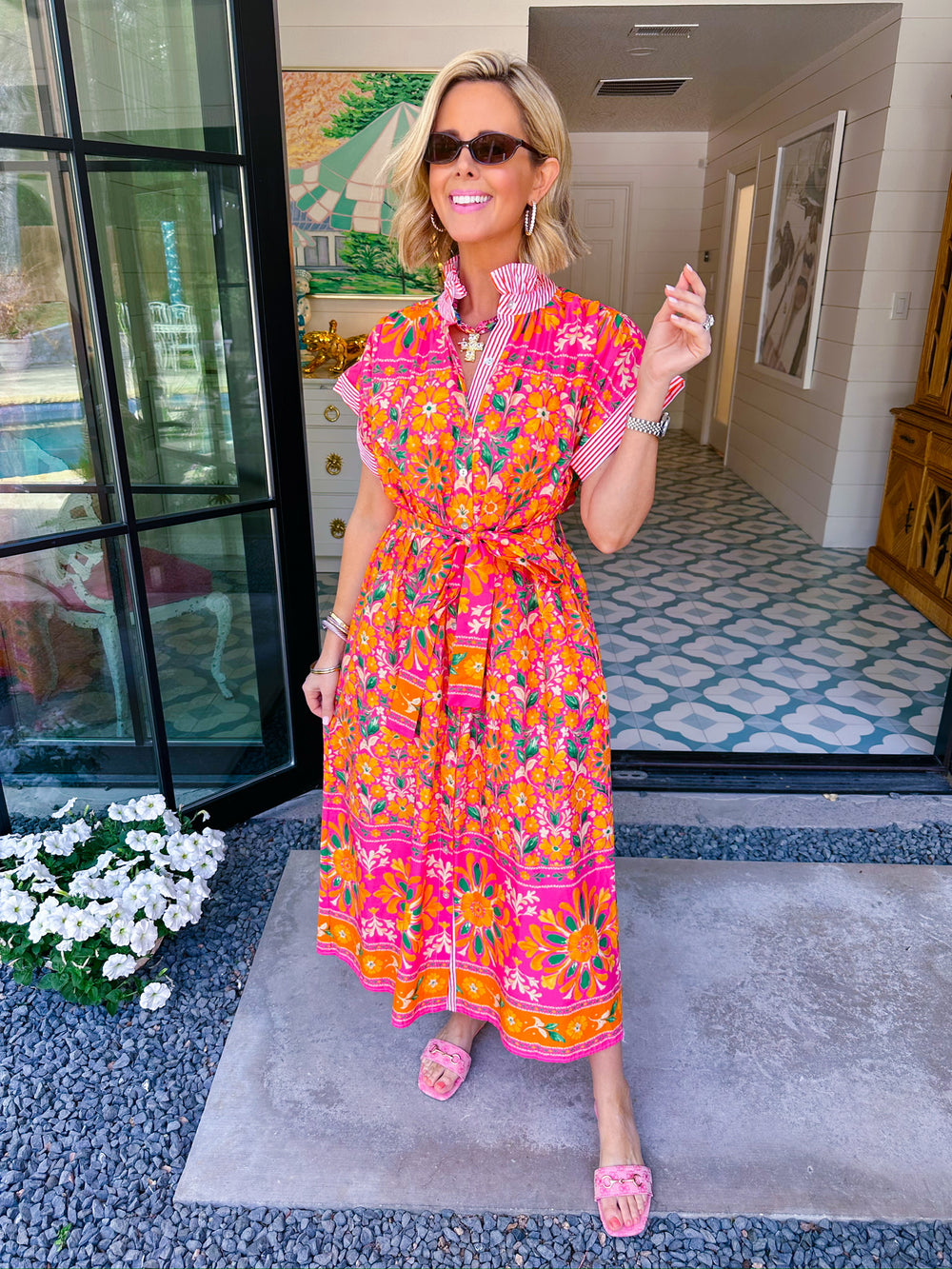 FIELDS OF JOY STRIPE TRIM MIDI DRESS - PINK/ORANGE