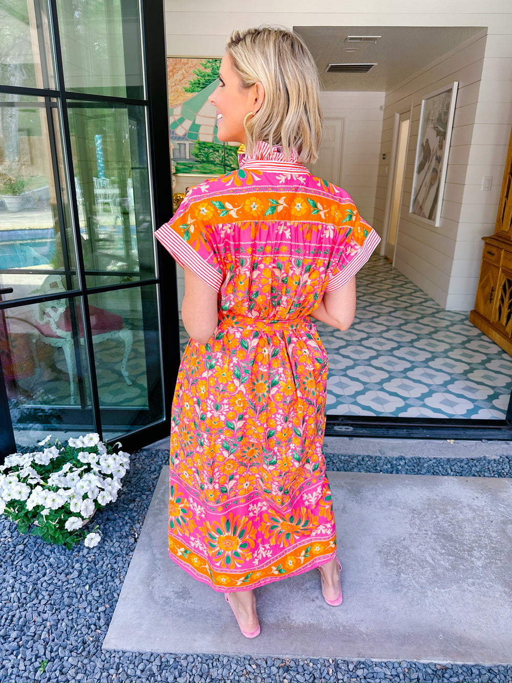 FIELDS OF JOY STRIPE TRIM MIDI DRESS - PINK/ORANGE