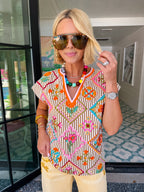 FLORAL GALLERY EMBROIDERED STRIPE TOP - BROWN