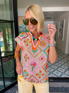FLORAL GALLERY EMBROIDERED STRIPE TOP - BROWN