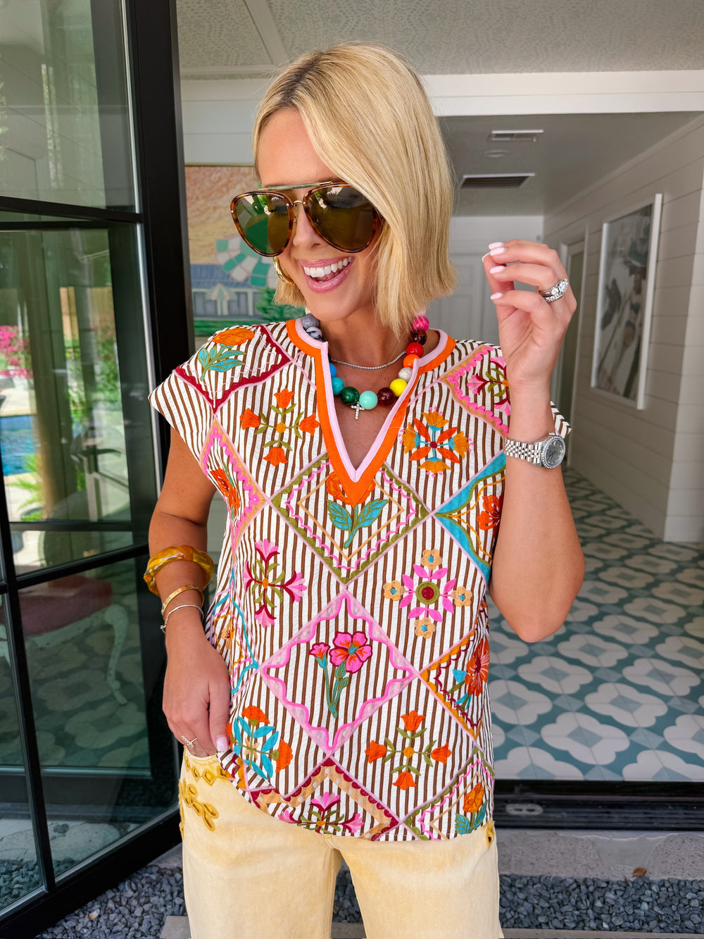 FLORAL GALLERY EMBROIDERED STRIPE TOP - BROWN