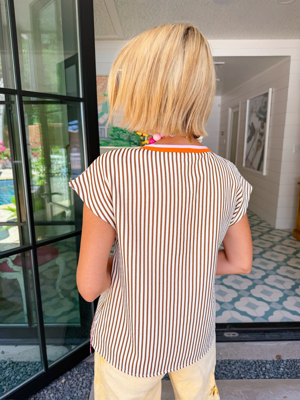 FLORAL GALLERY EMBROIDERED STRIPE TOP - BROWN