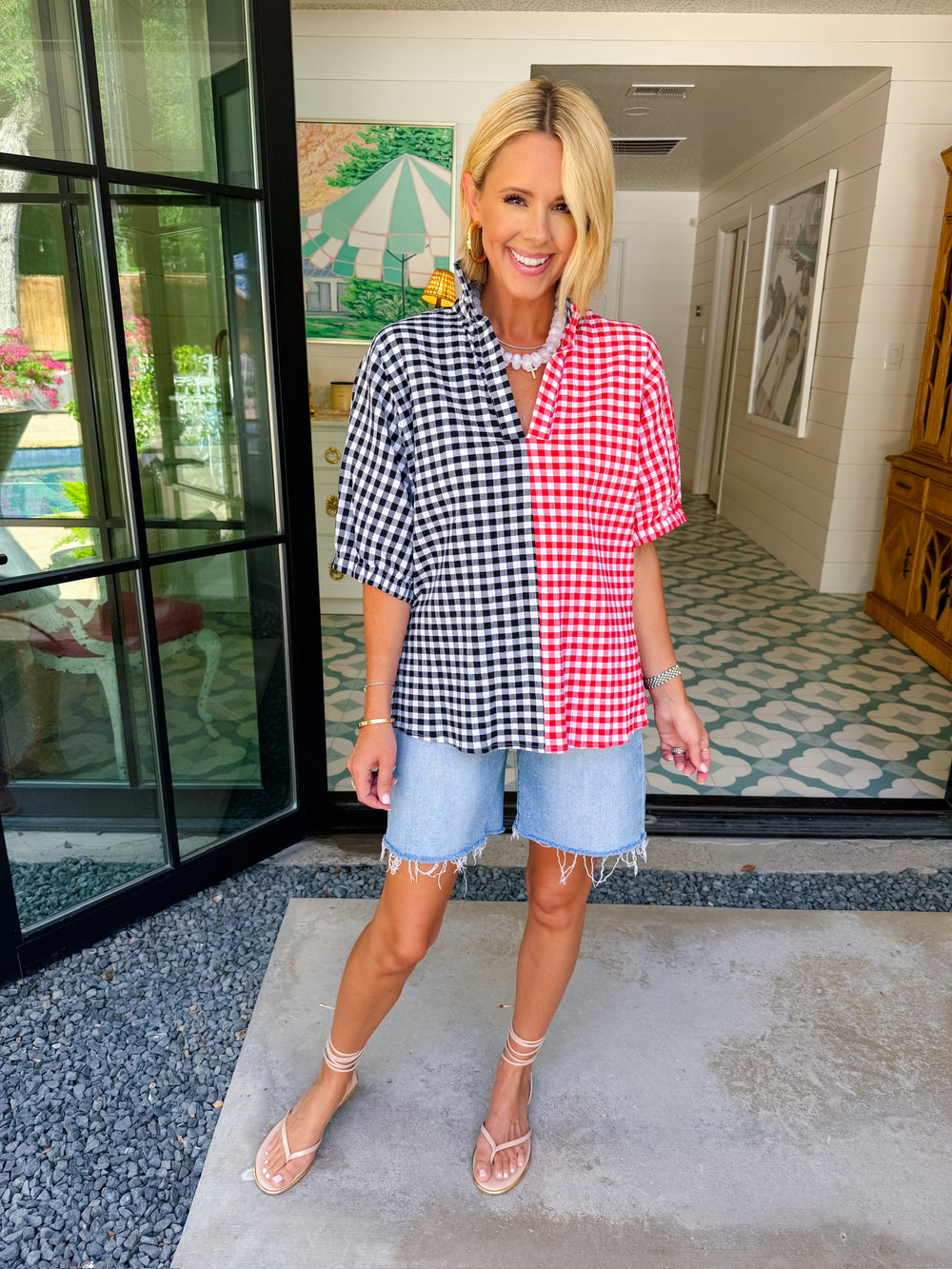 SLOAN COLORBLOCK SEERSUCKER GINGHAM TOP - RED/BLACK
