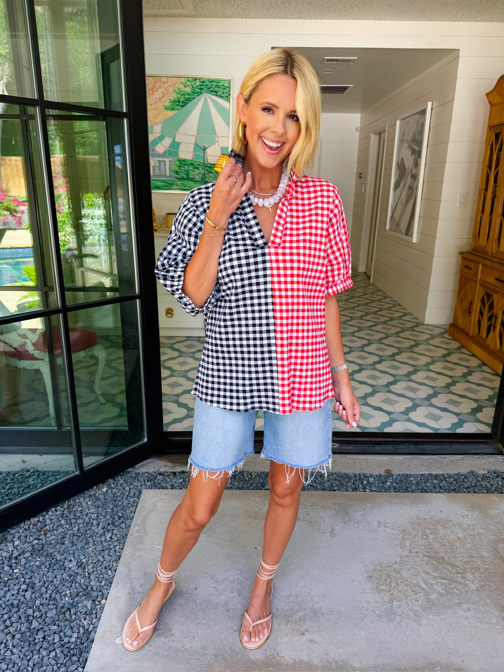 SLOAN COLORBLOCK SEERSUCKER GINGHAM TOP - RED/BLACK