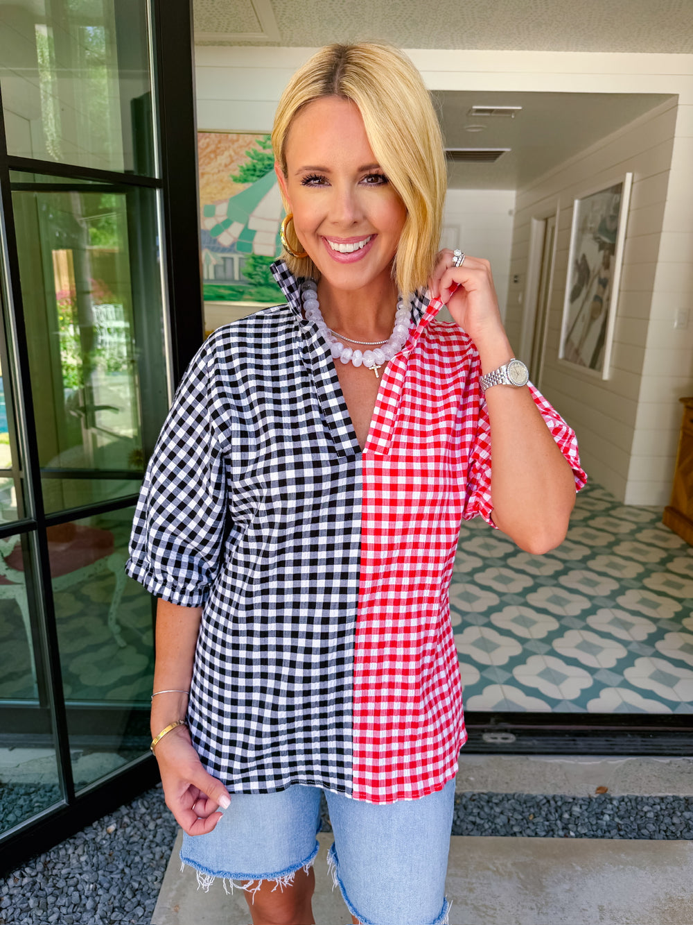 SLOAN COLORBLOCK SEERSUCKER GINGHAM TOP - RED/BLACK
