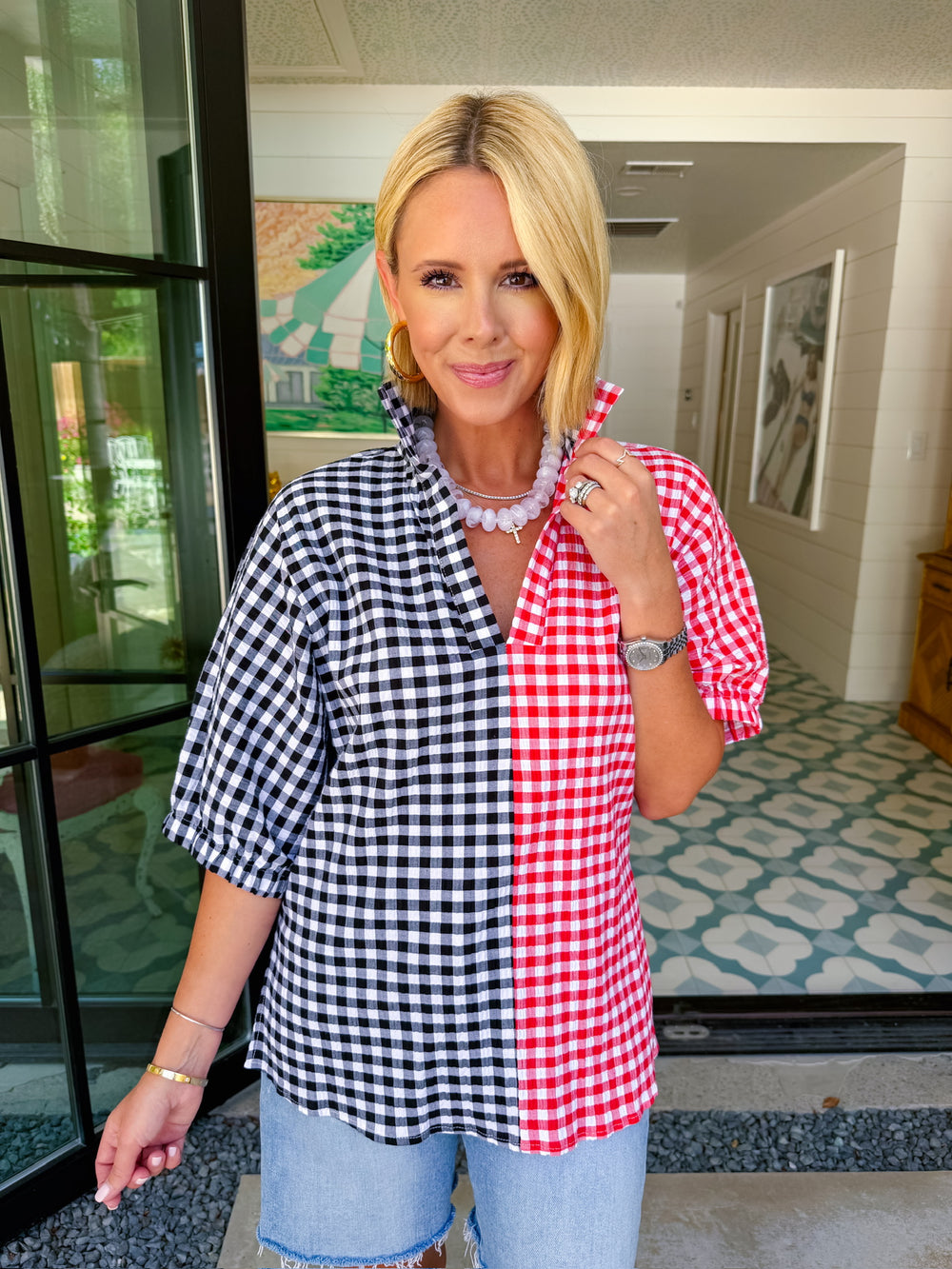 SLOAN COLORBLOCK SEERSUCKER GINGHAM TOP - RED/BLACK