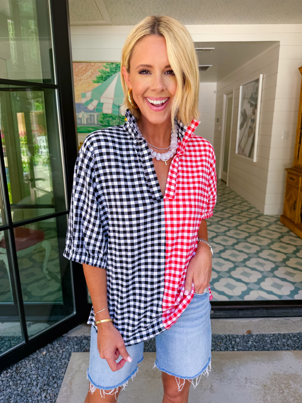 SLOAN COLORBLOCK SEERSUCKER GINGHAM TOP - RED/BLACK