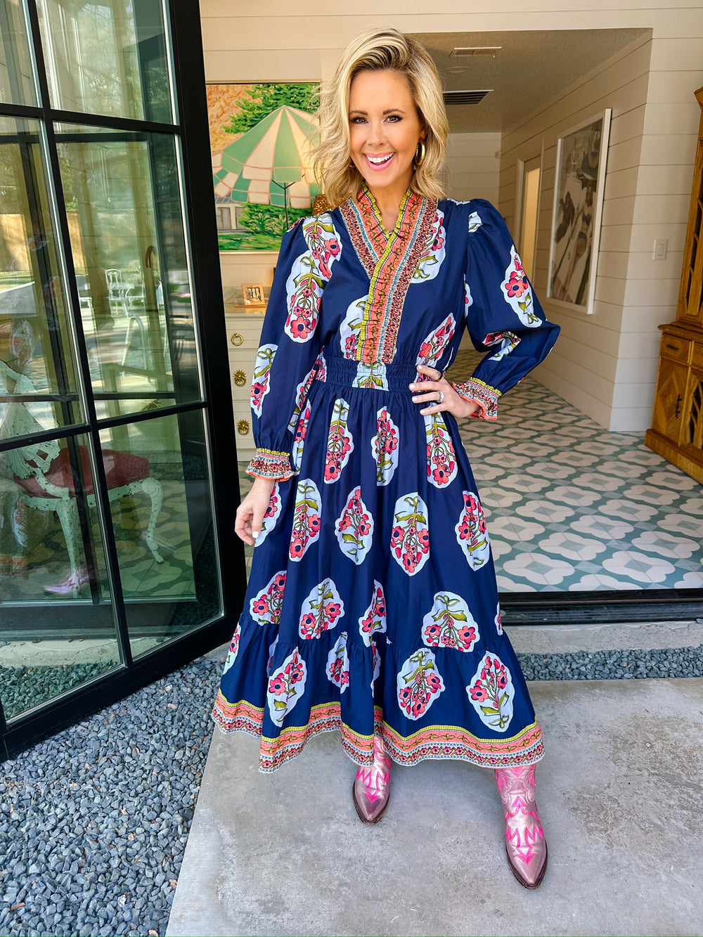 FRAMED IN FLORALS MIDI DRESS - NAVY