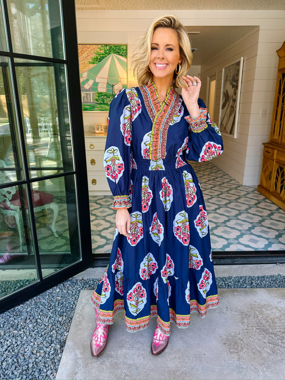 FRAMED IN FLORALS MIDI DRESS - NAVY