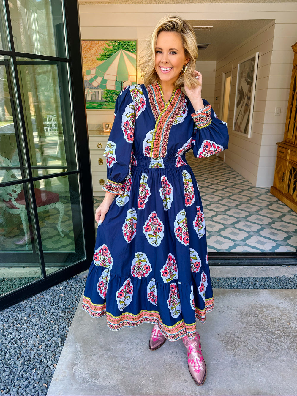 FRAMED IN FLORALS MIDI DRESS - NAVY