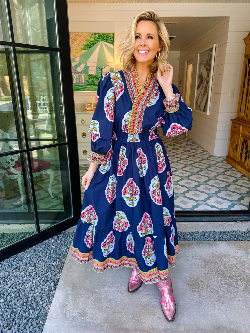 FRAMED IN FLORALS MIDI DRESS - NAVY