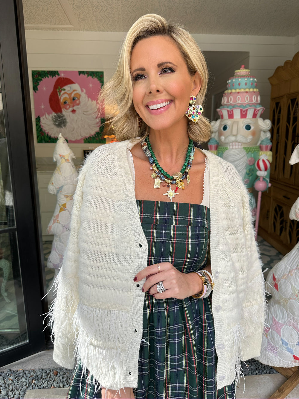 JUST FOR FUN FEATHER TRIM CARDIGAN - CREAM