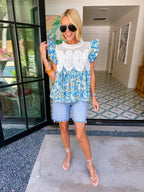 SECURE YOUR FATE RUFFLE SLEEVE LACE TOP - BLUE