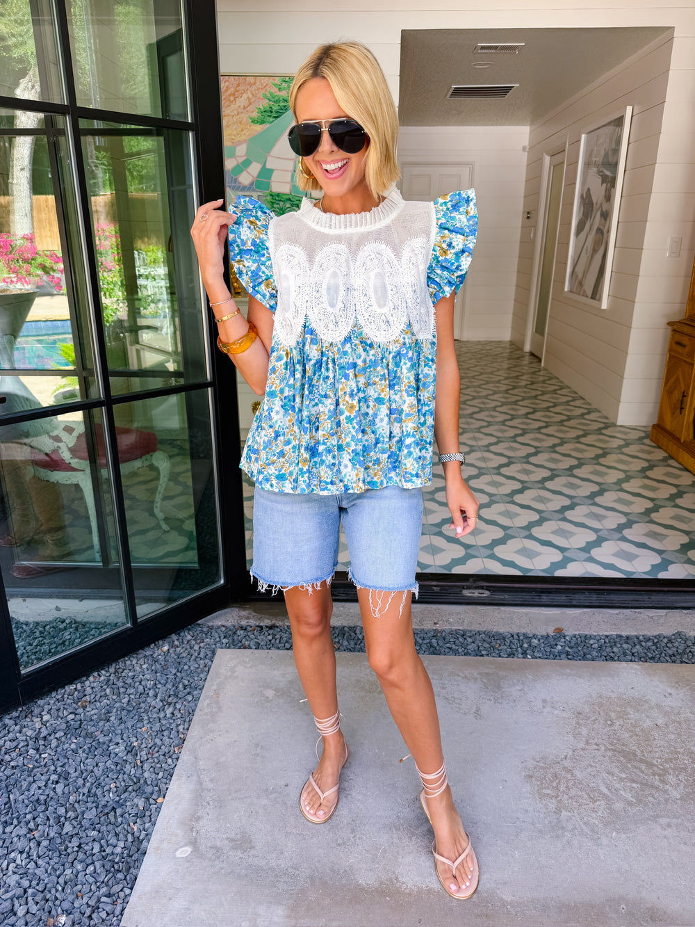 SECURE YOUR FATE RUFFLE SLEEVE LACE TOP - BLUE