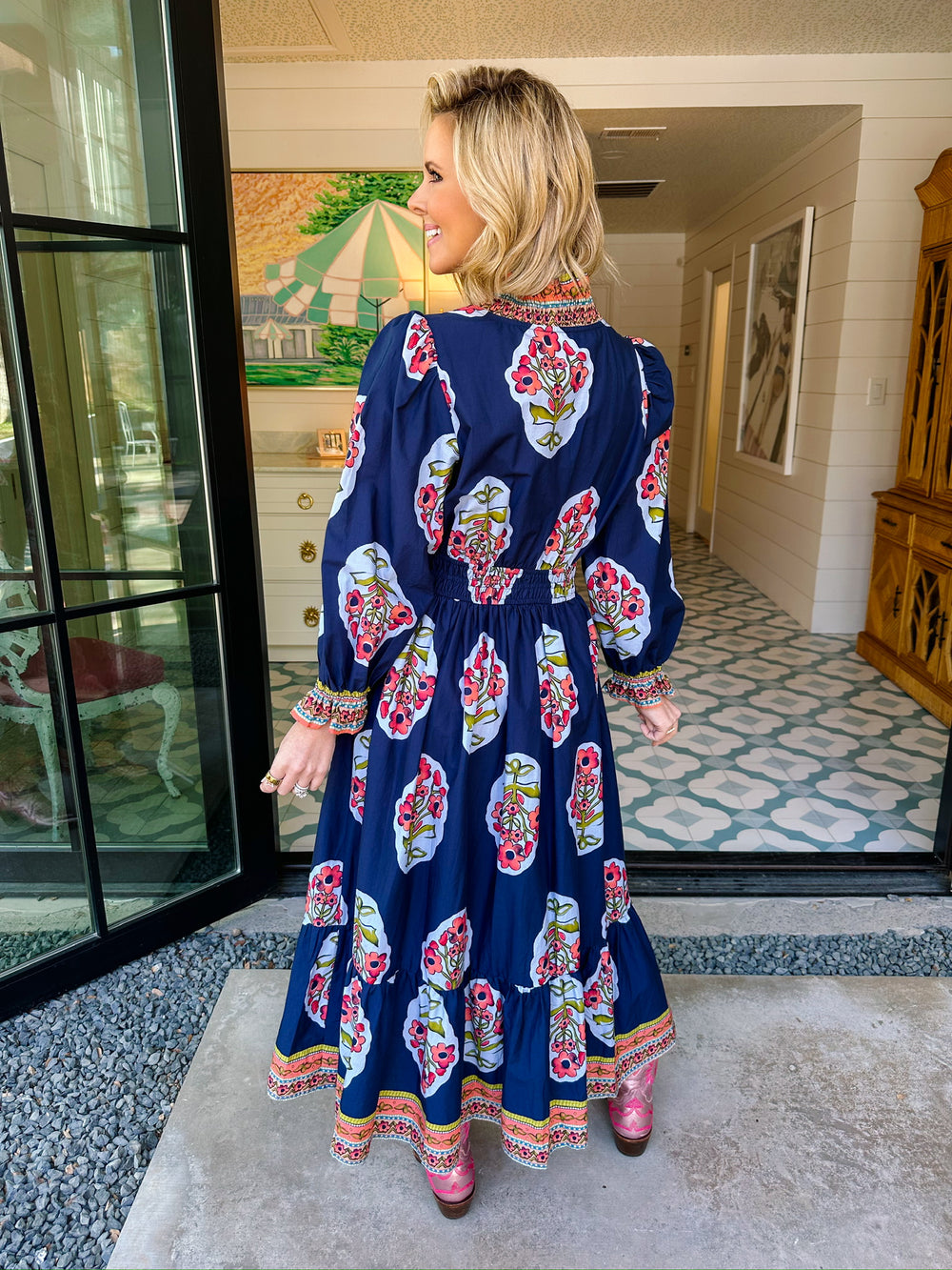 FRAMED IN FLORALS MIDI DRESS - NAVY