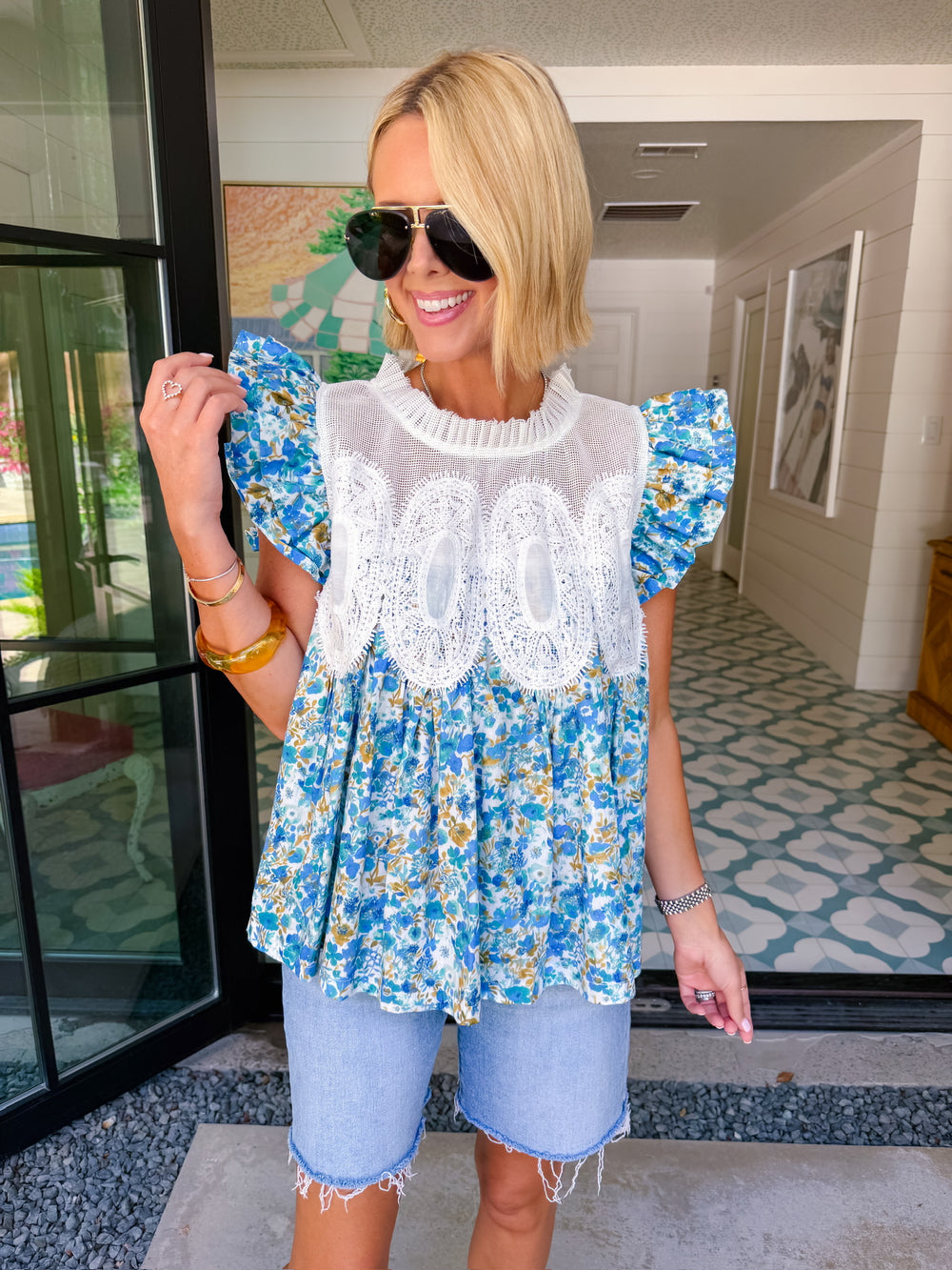 SECURE YOUR FATE RUFFLE SLEEVE LACE TOP - BLUE