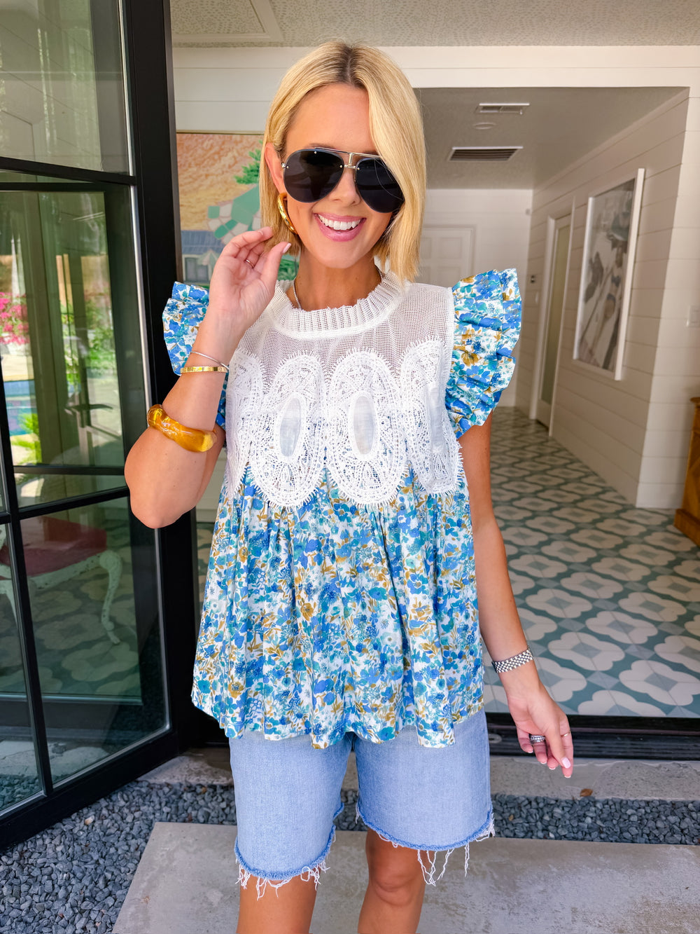 SECURE YOUR FATE RUFFLE SLEEVE LACE TOP - BLUE