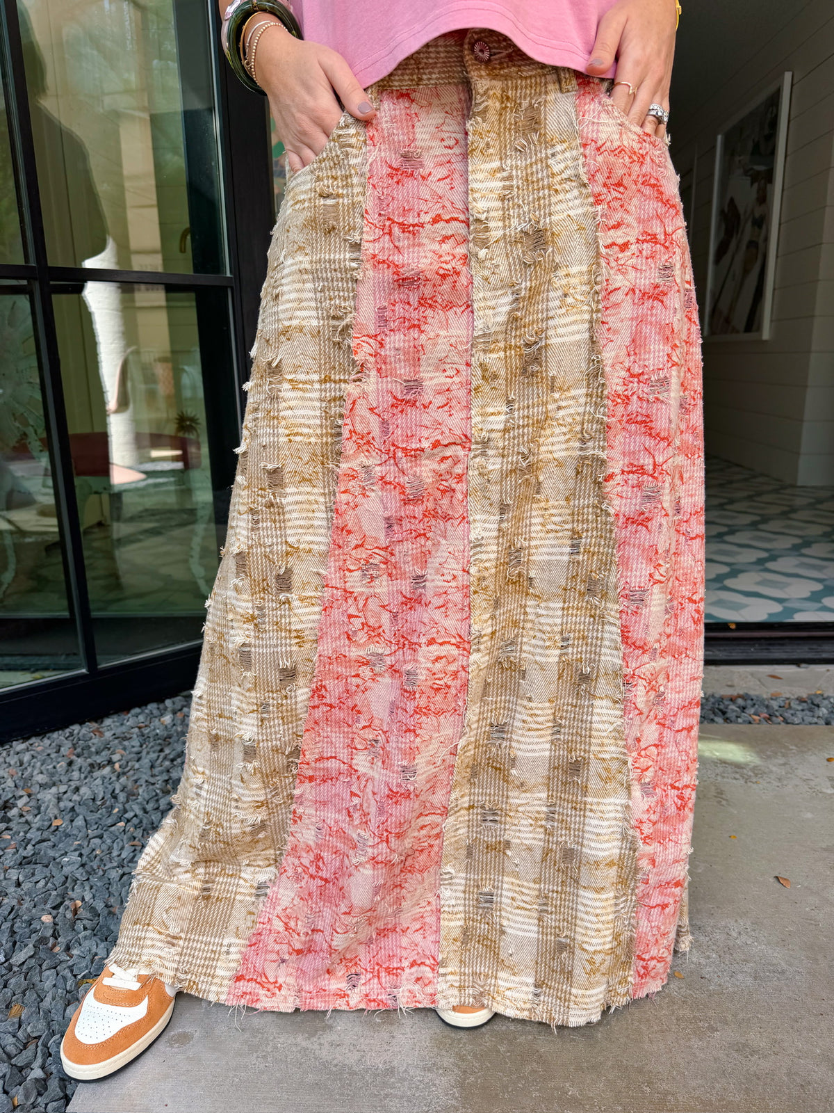 PUT THE PIECES TOGETHER CONTRAST PLAID MIDI SKIRT