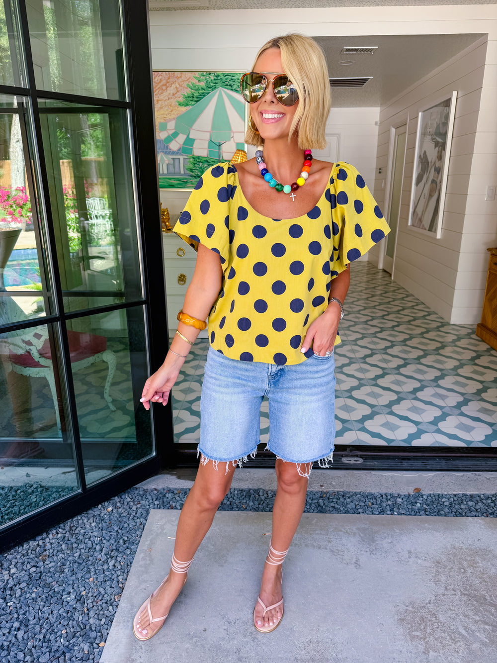 MAKE IT COUNT POLKA DOT TOP - GREEN/NAVY