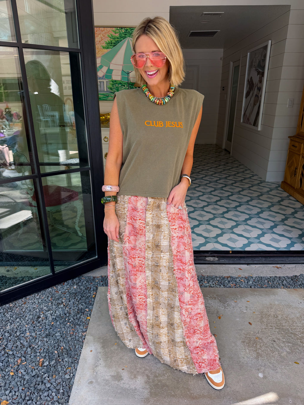 PUT THE PIECES TOGETHER CONTRAST PLAID MIDI SKIRT
