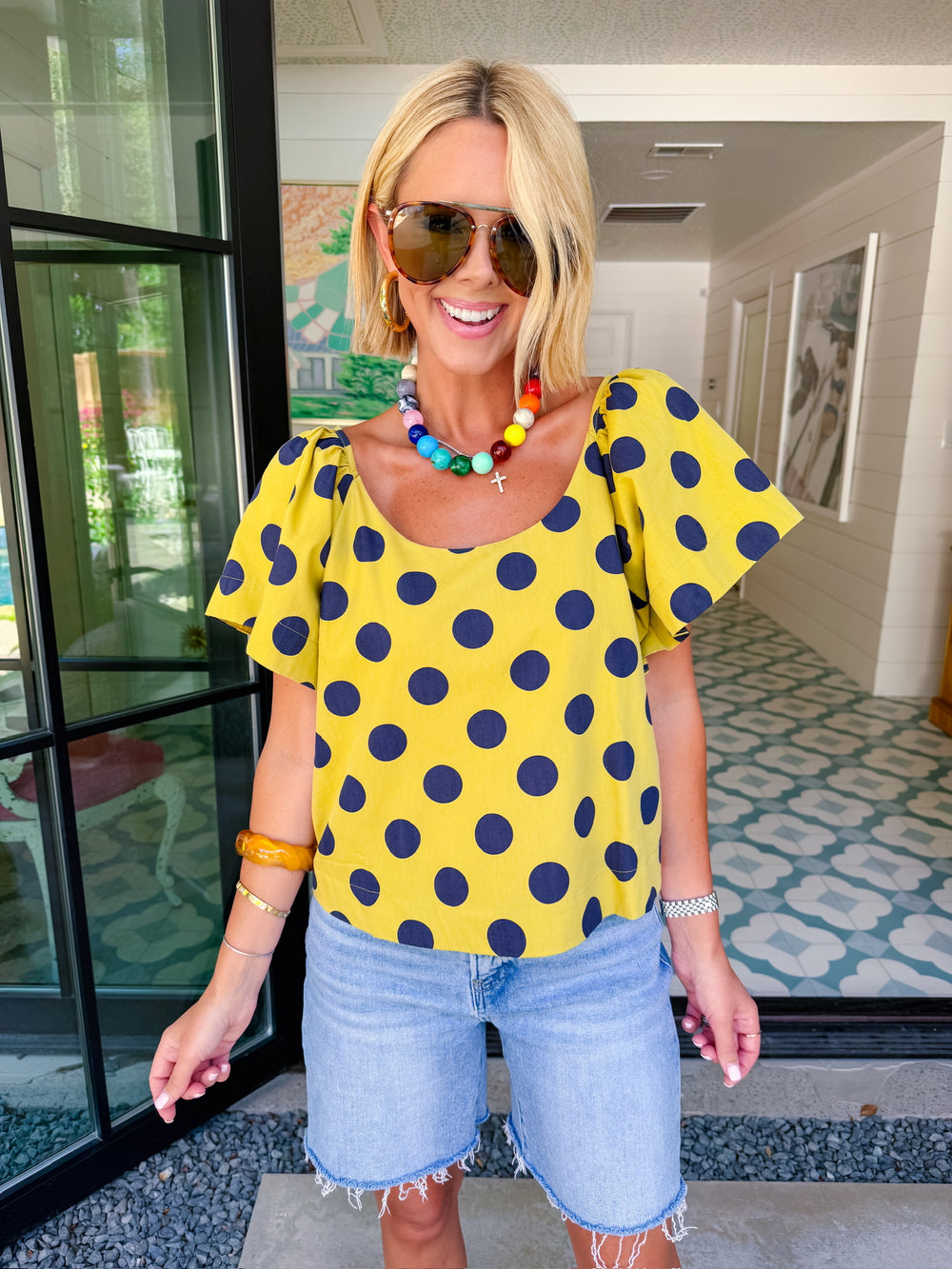 MAKE IT COUNT POLKA DOT TOP - GREEN/NAVY