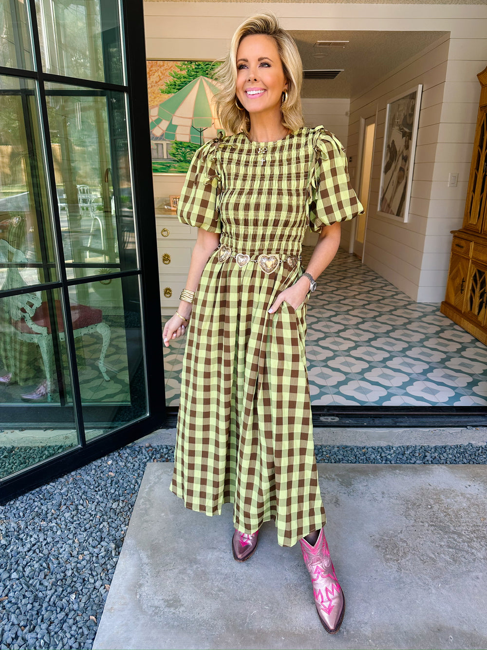 LA CITRON PLAID PUFF SLEEVE MIDI DRESS