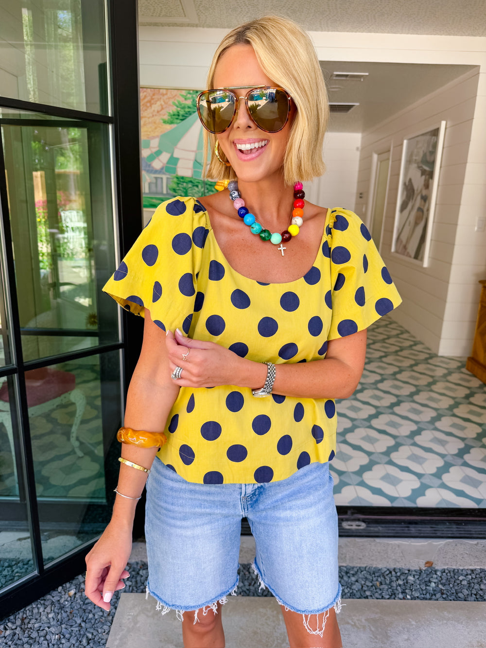 MAKE IT COUNT POLKA DOT TOP - GREEN/NAVY