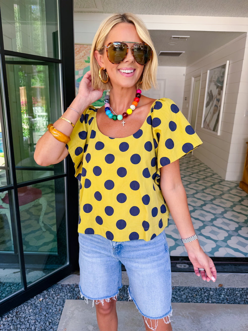 MAKE IT COUNT POLKA DOT TOP - GREEN/NAVY