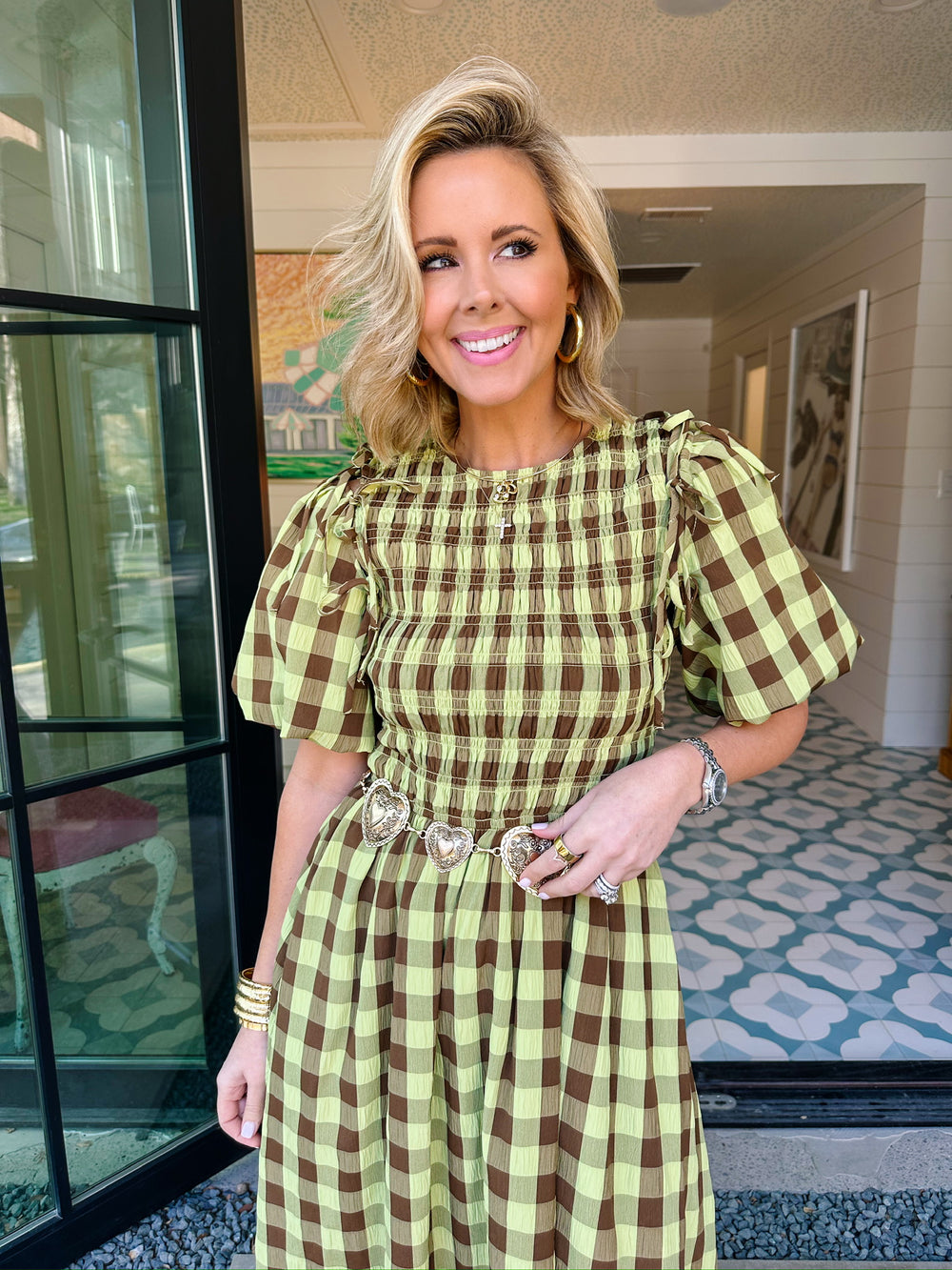 LA CITRON PLAID PUFF SLEEVE MIDI DRESS