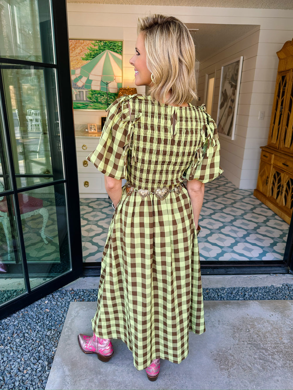 LA CITRON PLAID PUFF SLEEVE MIDI DRESS