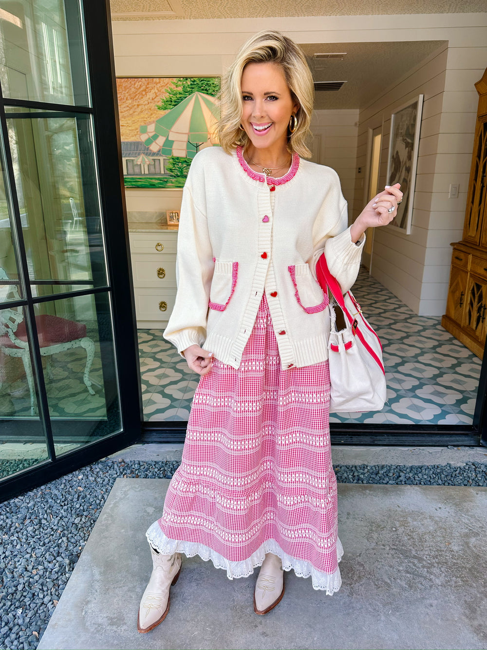 TELL ME A LOVE STORY GINGHAM TRIM CARDIGAN - CREAM