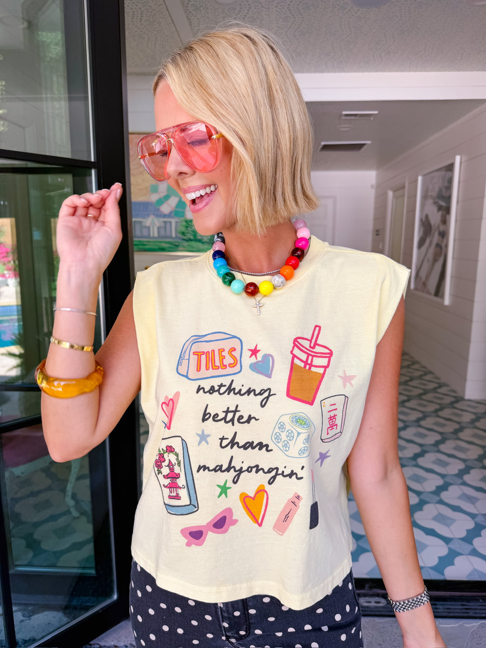 NOTHING BETTER THAN MAHJONG MUSCLE TEE - YELLOW
