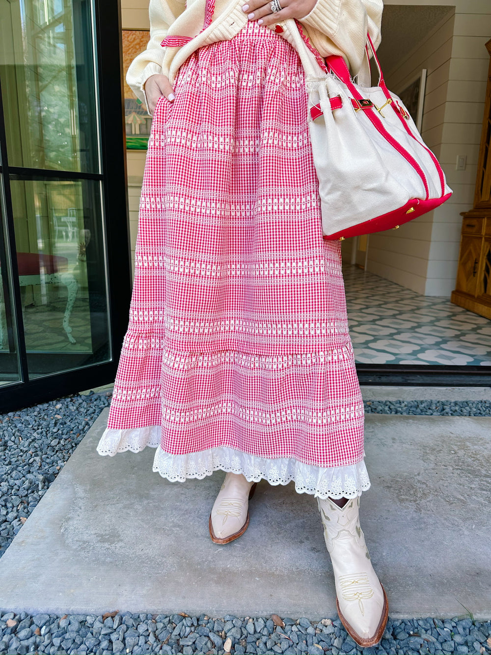 GEORGIE GINGHAM MIDI SKIRT - RED