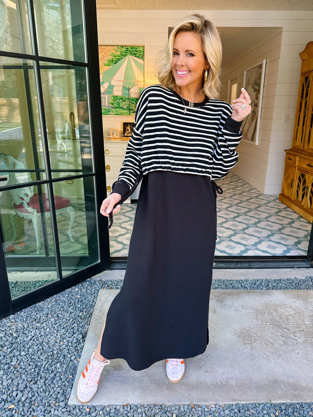 TOP NOTCH LONG SLEEVE LAYER MIDI DRESS - BLACK